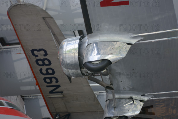 Low angle view of underside of vintage airplane, National Air and Space Museum, Washington, DC, USA