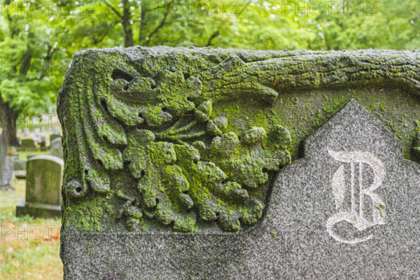 Moss covered headstone with ornate carvings