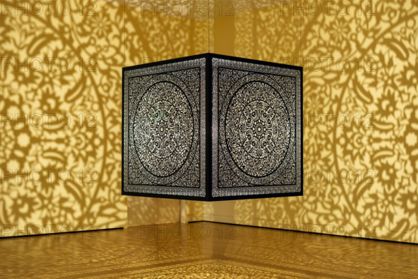 Suspended metal sculpture by Quayyum Agha, Peabody Essex Museum, Salem, Massachusetts, USA