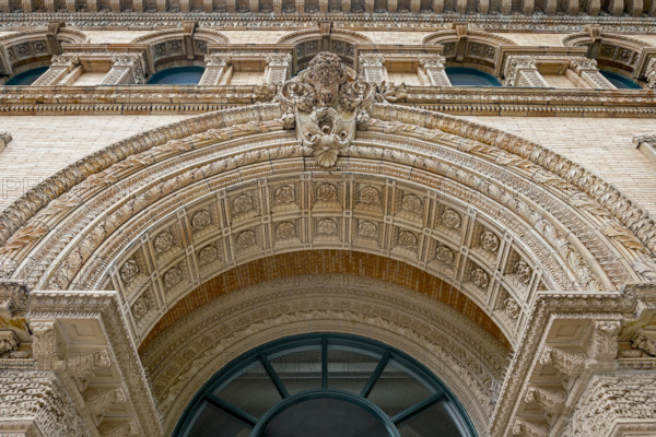 Market Arcade building, ornate exterior detail, low angle view, Buffalo, New York, USA