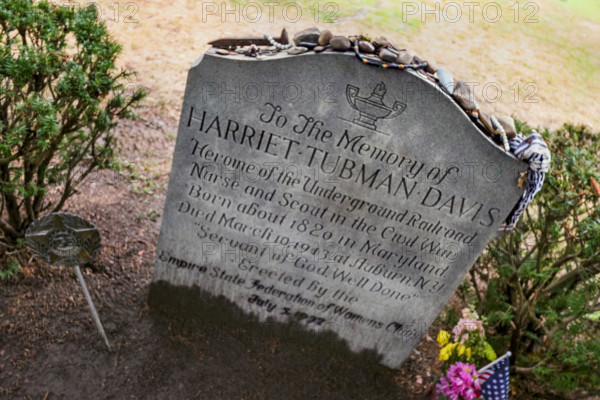 Headstone at the grave of American abolitionist and humanitarian Harriet Tubman, Fort Hill Cemetery, Auburn, New York, USA