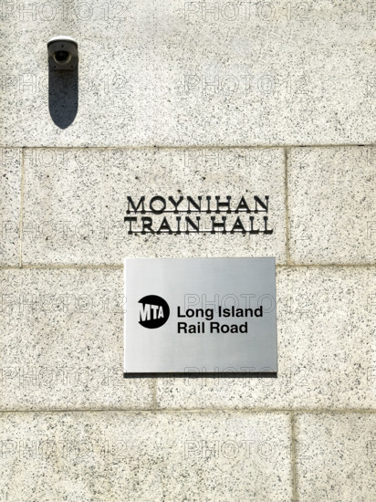 Moynihan Train Hall, James A. Farley Building, building exterior detail of Long Island Railroad sign, Eight Avenue, Manhattan, New York City, New York, USA