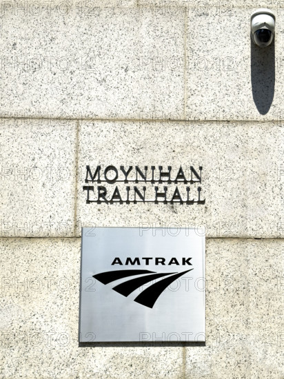 Moynihan Train Hall, James A. Farley Building, building exterior detail of Amtrak sign, Eight Avenue, Manhattan, New York City, New York, USA