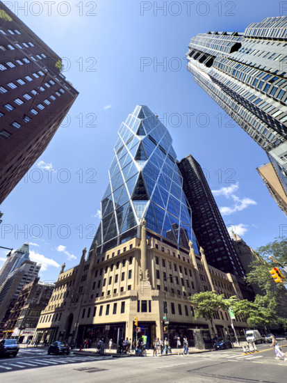 Hearst Tower, featuring the original Hearst Magazine Building (Six lowest floors), building exterior and street scene, 959 Eighth Avenue at 57th Street,  Manhattan, New York City, New York, USA