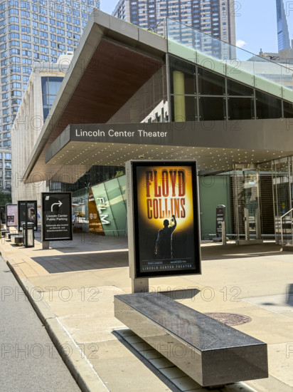 Lincoln Center Theater awning and sidewalk scene with Elinor Bunin Monroe Film Center in background, West 65th Street, Manhattan, New York City, New York, USA