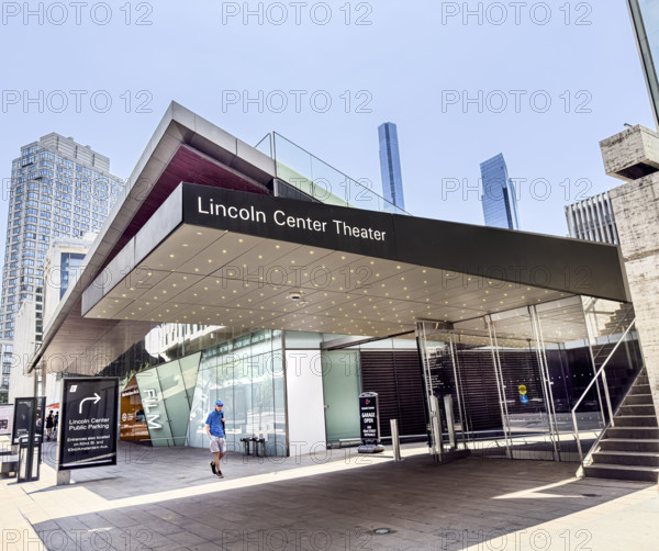 Lincoln Center Theater awning and sidewalk scene with Elinor Bunin Monroe Film Center in background, West 65th Street, Manhattan, New York City, New York, USA