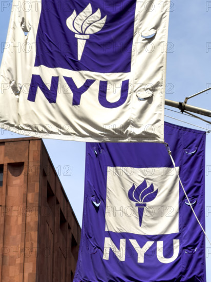 Two NYU banners, New York University, Greenwich Village, Manhattan, New York City, New York, USA