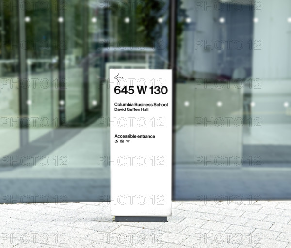 Sign outside of David Geffen Hall, Columbia University Business School, Columbia University, Manhattanville Campus, 645 West 130th Street, West Harlem, Manhattan, New York City, New York, USA