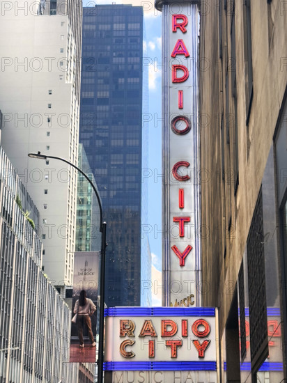 Radio City Music Hall, building exterior detail, low angle view, Manhattan, New York City, New York, USA