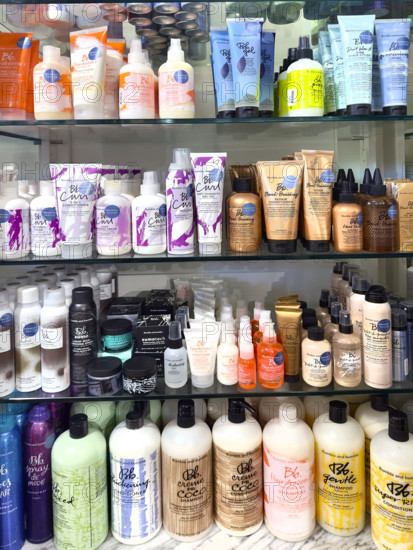 Hair care product display, Bluemercury store interior, Tribeca, Manhattan, New York City, New York, USA