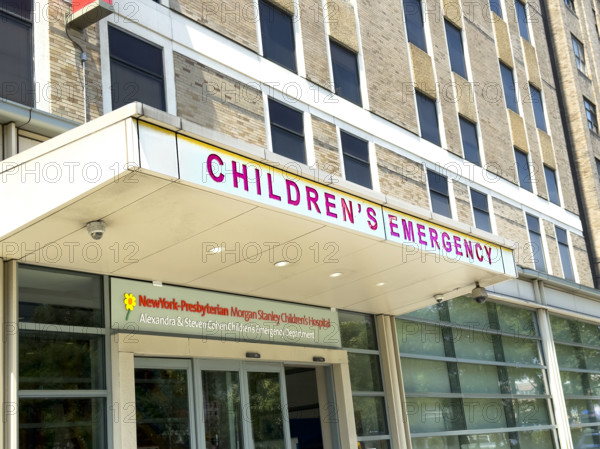 Morgan Stanley Children's Hospital, Alexandra & Steven Cohen Children's Emergency Department, Children's Emergency sign over building entrance, New York-Presbyterian Hospital/Columbia University Irving Medical Center, 3959 Broadway, Washington Heights, Manhattan, New York City, New York, USA