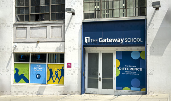 The Gateway School, exterior building entrance detail, 211 West 61st Street, Manhattan, New York City, New York, USA,