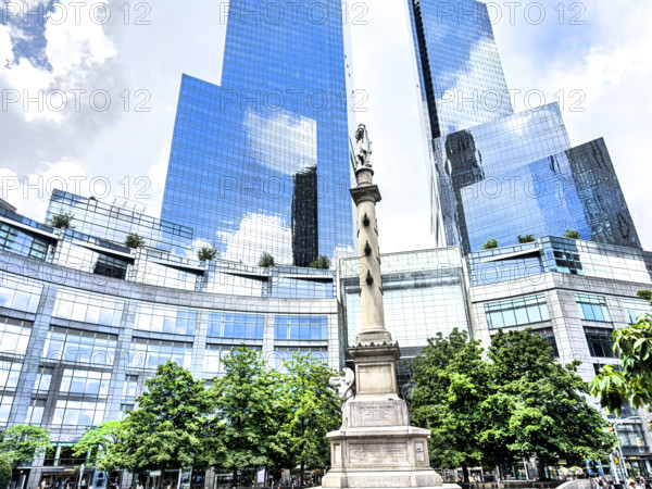 Deutsche Bank Center, building exterior to the left, Mandarin Oriental Hotel, building exterior to the right, Christopher Columbus statue in foreground, Columbus Circle, Manhattan, New York City, New York, USA