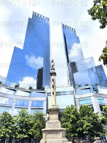 Deutsche Bank Center, building exterior to the left, Mandarin Oriental Hotel, building exterior to the right, Christopher Columbus statue in foreground, Columbus Circle, Manhattan, New York City, New York, USA