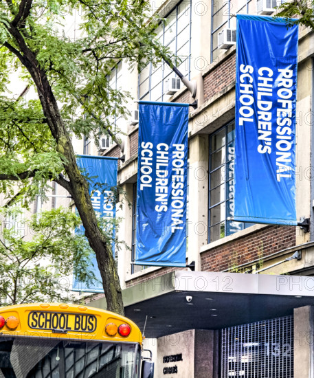 Professional Children's School, a college-preparatory school, building exterior detail and yellow school bus, 132 West 60th Street, Manhattan, New York City, New York, USA