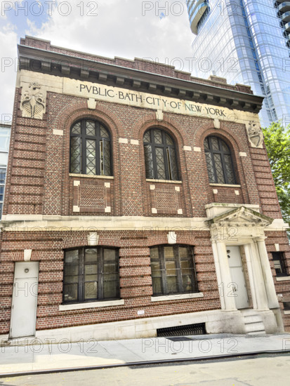 Gertrude Ederle Recreation Center, formerly a public bathhouse, building exterior with inscription Public Bath City of New York, 232 West 60th Street, Manhattan, New York City, New York, USA