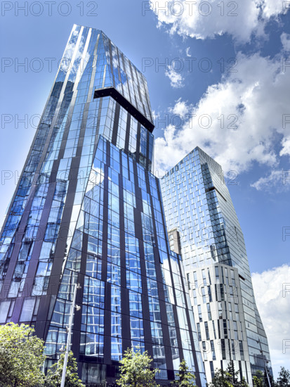 Three Waterline Square (left), a mixed-use residential building, and One Waterline Square (right), residential condominium building, low angle view, Manhattan, New York City, New York, USA