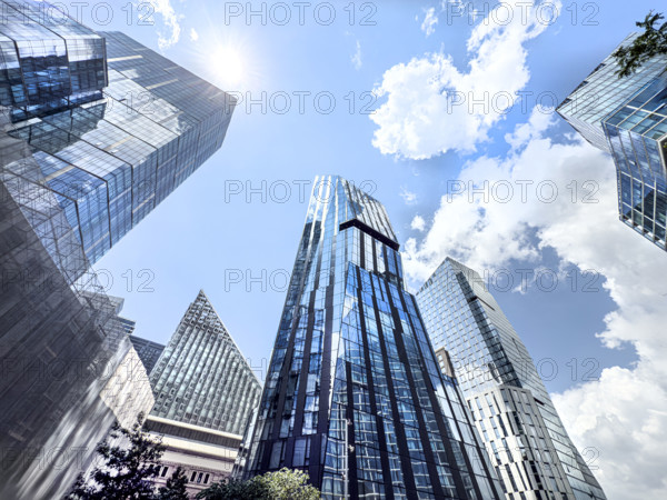 Three Waterline Square (center, left), a mixed-use residential building, and One Waterline Square (center-right), residential condominium building, low angle view of cityscape, Manhattan, New York City, New York, USA