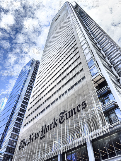 The New York Times Building against cloudy sky, low angle view, 620 Eighth Avenue, Manhattan, New York City, New York, USA