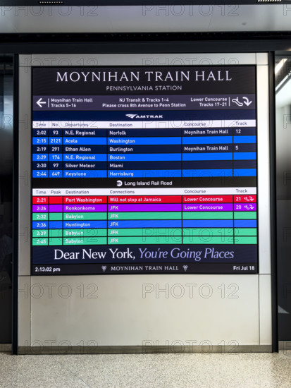 Digital train departure information for Long Island Rail Road, Amtrak and New Jersey Transit, Moynihan Train Hall, Pennsylvania Station, Manhattan, New York City, New York, USA