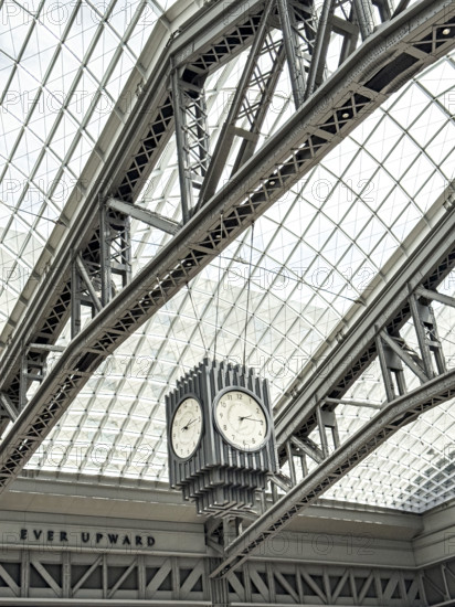 Skylight and hanging 4-sided clock above passenger concourse, Moynihan Train Hall, Pennsylvania Station, Manhattan, New York City, New York, USA