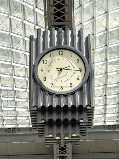 Skylight and hanging 4-sided clock above passenger concourse, Moynihan Train Hall, Pennsylvania Station, Manhattan, New York City, New York, USA