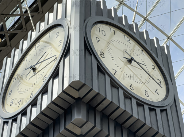 Hanging 4-sided clock above passenger concourse low angle view, Moynihan Train Hall, Pennsylvania Station, Manhattan, New York City, New York, USA