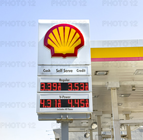 Shell gas station, digital price board, Manhattan, New York City, New York, USA