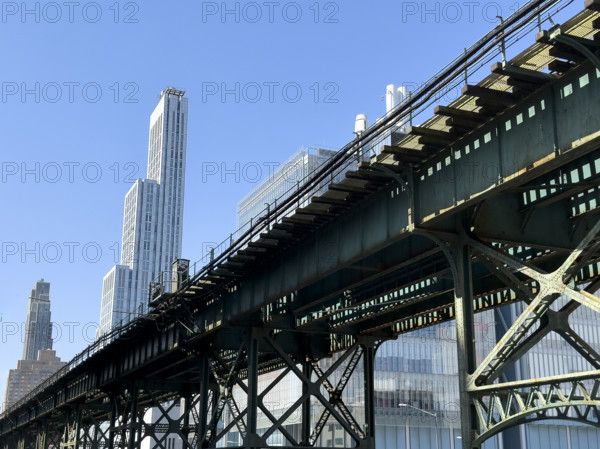 Cityscape including 34-story residential tower and elevated subway, Columbia University, Manhattanville Campus, 600 West 125th Street, West Harlem, New York City, New York, USA