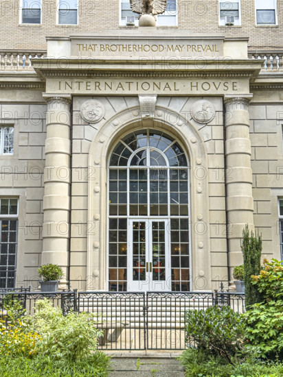 International House, a private, independent, non-profit residence and program center for postgraduate students, research scholars, trainees, and interns, building exterior detail, 500 Riverside Drive, Morningside Heights, Manhattan, New York City, New York, USA