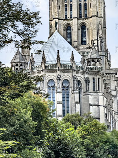 Riverside Church, building exterior detail, ambulatory and tower, Morningside Heights, Manhattan, New York City, New York, USA