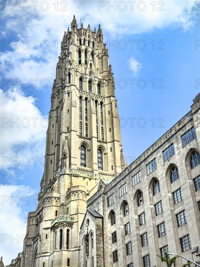 Riverside Church, building exterior detail, low angle view of tower, Morningside Heights, Manhattan, New York City, New York, USA