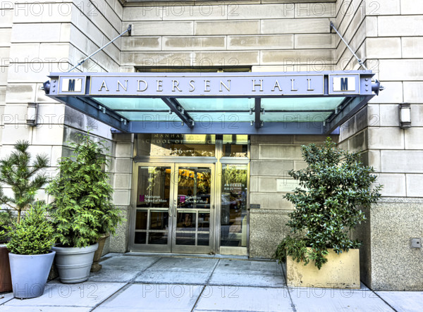 Andersen Residence Hall, Manhattan School of Music, building exterior, low angle view, 136 Claremont Avenue, Morningside Heights, Manhattan, New York City, New York, USA