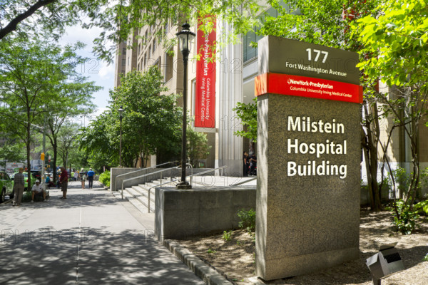 Milstein Hospital Building, building exterior sign and sidewalk scene, New York-Presbyterian Hospital/Columbia University Irving Medical Center, 177 Fort Washington Avenue, Washington Heights, Manhattan, New York City, New York, USA