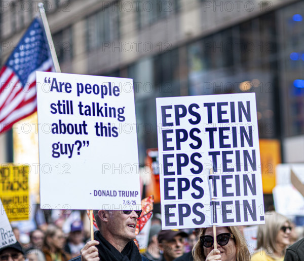 Demonstrators participating in "No Kings" Protest March, Times Square, Manhattan, New York City, New York, USA, October 1, 2025