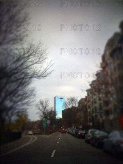 John Hancock Tower viewed from Commonwealth Avenue on cloudy day, Boston, Massachusetts, USA