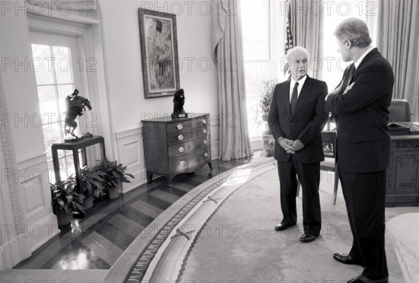 U.S. President Bill Clinton meeting with Israeli Prime Minister Yitzhak Rabin, Oval Office, White House, Washington, D.C., USA, Bob McNeely, White House Photographer, March 15, 1993