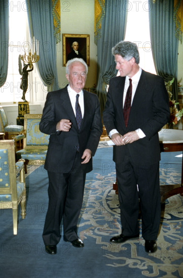 U.S. President Bill Clinton with Israeli Prime Minister Yitzhak Rabin, White House, Washington, D.C., USA, Bob McNeely, White House Photographer, March 15, 1993