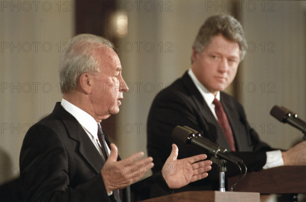 U.S. President Bill Clinton and Israeli Prime Minister Yitzhak Rabin delivering press statement, East Room, White House, Washington, D.C., USA, Bob McNeely, White House Photographer, March 15, 1993
