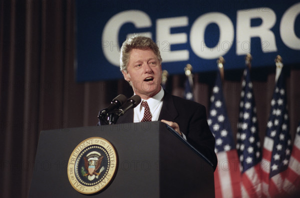 U.S. President Bill Clinton delivering an address to business leaders, Atlanta, Georgia, USA, Barbara Kinney, White House photographer, March 19, 1993
