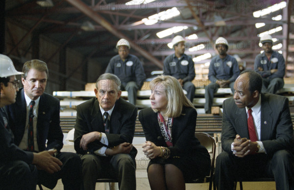 U.S. First Lady Hilary Clinton participating in health care costs discussion with Glazer Steel Company management and employees in the company's warehouse, New Orleans, Louisiana, USA, Bob McNeely, White House Photographer, March 4, 1993