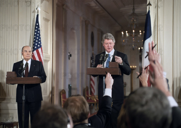 U.S. President Bill Clinton and French President François Mitterrand giving press statements in the East Room of the White House, Washington, D.C., USA, Barbara Kinney, White House photographer, March 9, 1993