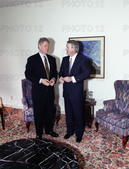 U.S. President Bill Clinton meeting with Canadian Prime Minister Brian Mulroney at the University of British Columbia President's residence, Vancouver, British Columbia, Canada, Bob McNeely, White House Photographer, April 3, 1993