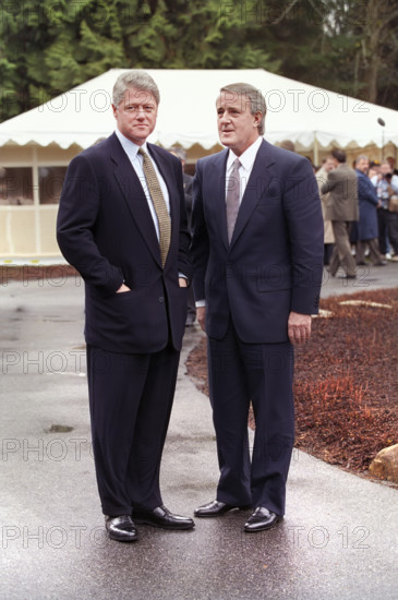 U.S. President Bill Clinton meeting with Canadian Prime Minister Brian Mulroney outside the University of British Columbia President's residence, Vancouver, British Columbia, Canada, Bob McNeely, White House Photographer, April 3, 1993