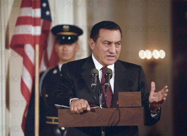 Egyptian President Hosni Mubarak during press conference in the East Room of the White House, Washington, D.C., USA, Bob McNeely, White House Photographer, April 6, 1993