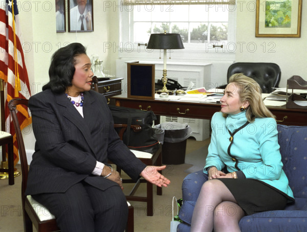U.S. First Lady Hillary Clinton with civil rights leader Coretta Scott King, Washington, D.C., USA, Barbara Kinney, White House Photographer, March 16, 1993