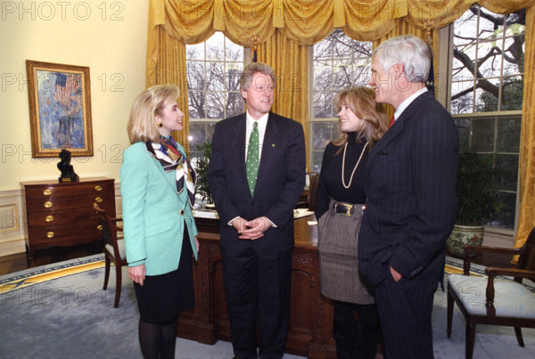 U.S. President Bill Clinton and U.S. First Lady Hillary Clinton meeting with American Actress Jane Fonda and American media entrepreneur Ted Turner in the Oval Office of the White House, Washington, D.C., USA, Barbara Kinney, White House Photographer, March 17, 1993