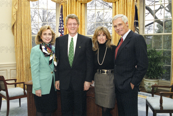 U.S. President Bill Clinton and U.S. First Lady Hillary Clinton meeting with American Actress Jane Fonda and American media entrepreneur Ted Turner in the Oval Office of the White House, Washington, D.C., USA, Barbara Kinney, White House Photographer, March 17, 1993