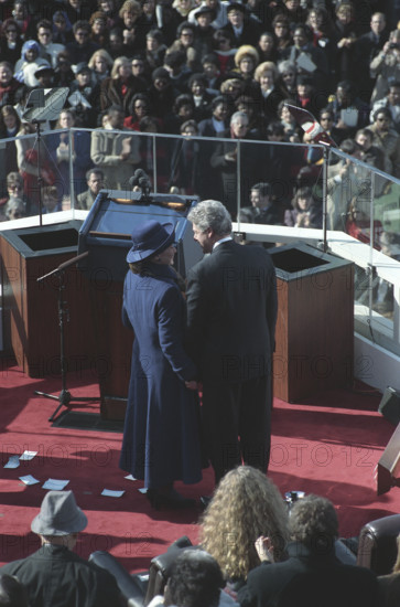 Rear view of U.S. President Bill Clinton with U.S. First Lady Hillary Clinton after being sworn in, U.S. Capitol, Washington, D.C., USA, Barbara Kinney, White House Photographer, January 20, 1993