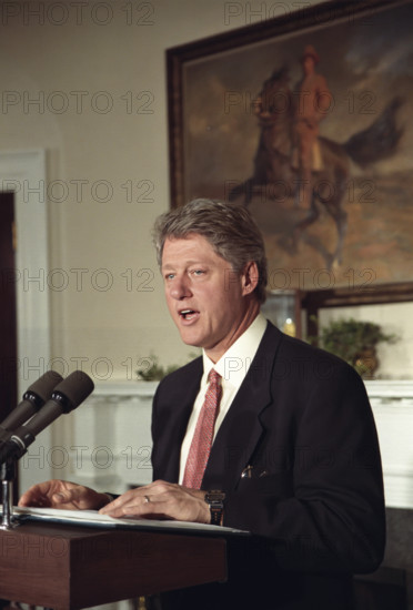 U.S. President Bill Clinton giving speech in Roosevelt Room of the White House, Washington, D.C., USA, Bob McNeely, White House Photographer, January 22, 1993